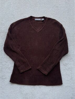 Vtg Michael Brandon Brown Ribbed V-Neck Sweater